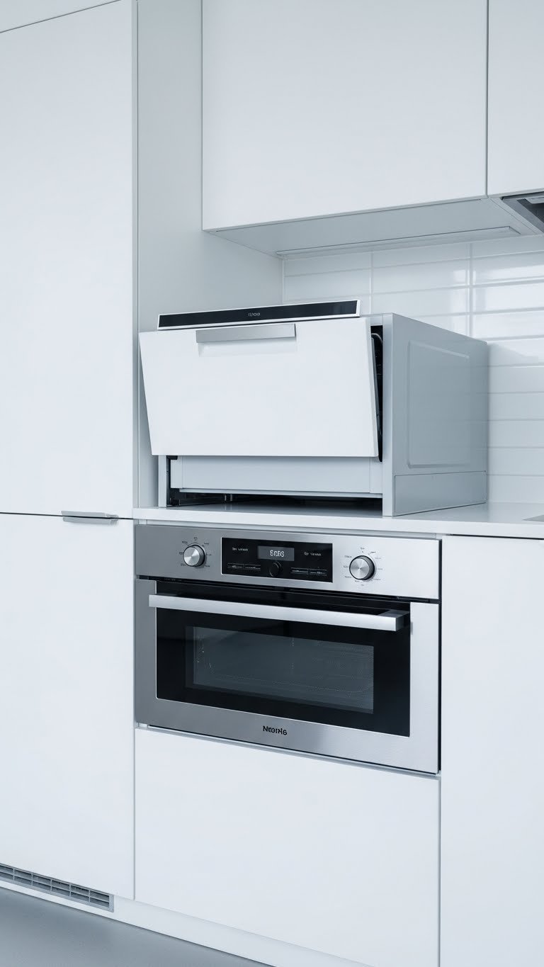 Integrated compact dishwasher and drawer microwave flush seamlessly into sleek white modern kitchen cabinetry, efficiency.