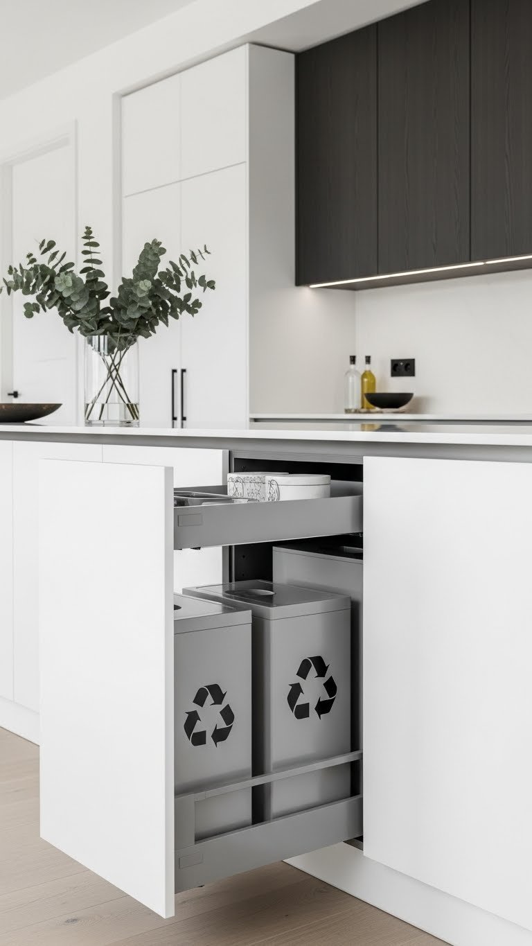 Integrated kitchen island with concealed smart storage, pull-out drawers, and appliance garages for a clutter-free open concept.