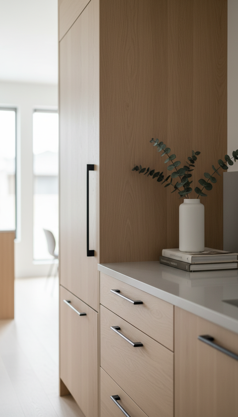 Integrated panel-ready appliances behind flat-panel wood cabinetry. Minimalist matte black pulls, clean, modern kitchen design.