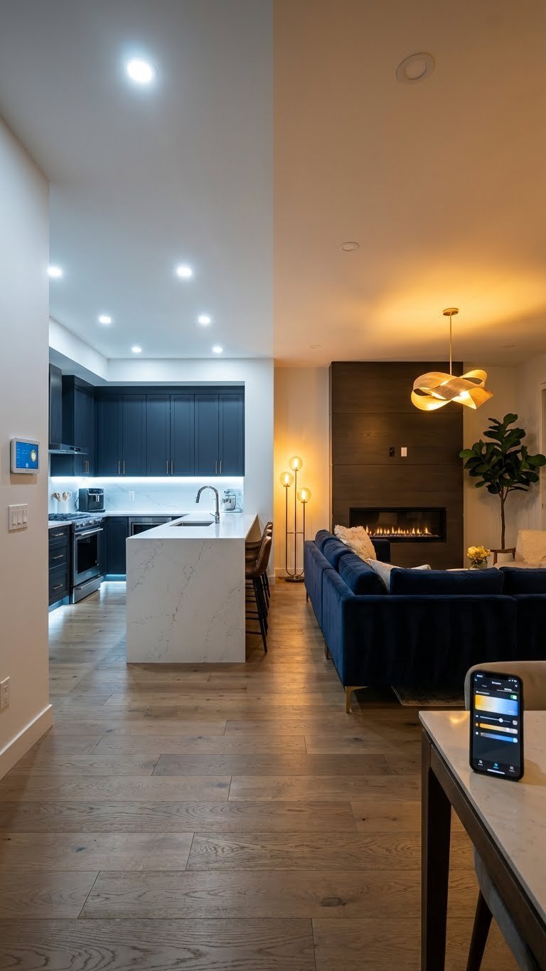 Integrated smart lighting in open concept kitchen living room. Cool kitchen light, warm living area light, recessed & under-cabinet fixtures.