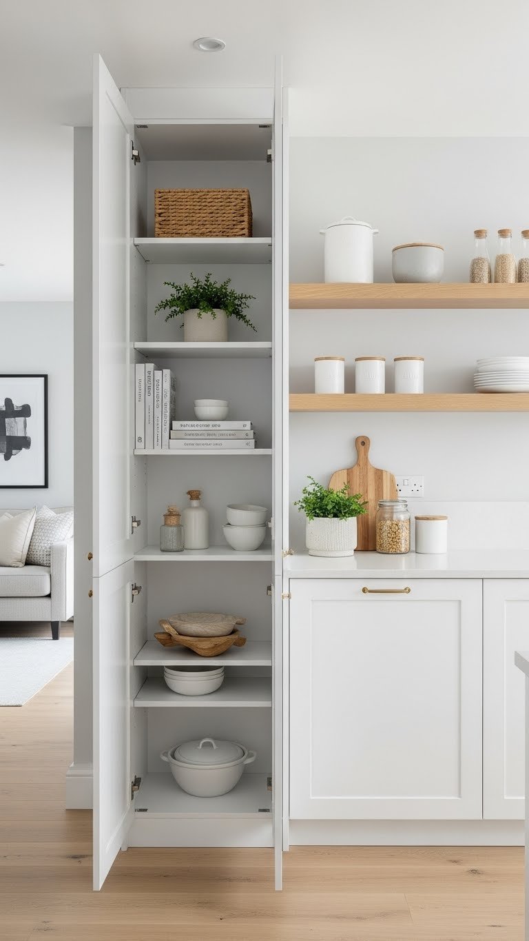 Integrated vertical shelving in open kitchen living room maximizes storage, blending into minimalist white and natural wood decor.