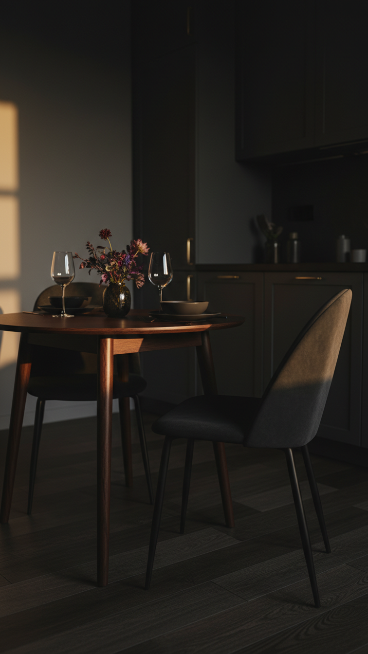 Intimate apartment kitchen dining area with a round dark wood table, velvet chairs, ceramic plates, and wine glasses.