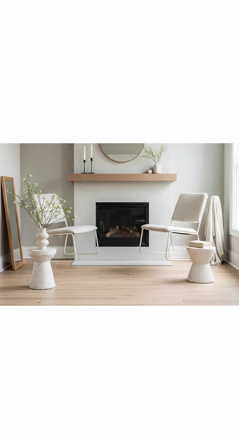 7 Smart Living Room Layouts To Solve Fireplace Tv Conflict 7 Intimate small living room with floating sofa, two chairs, and fireplace. Minimalist design with fresh green and white decor.