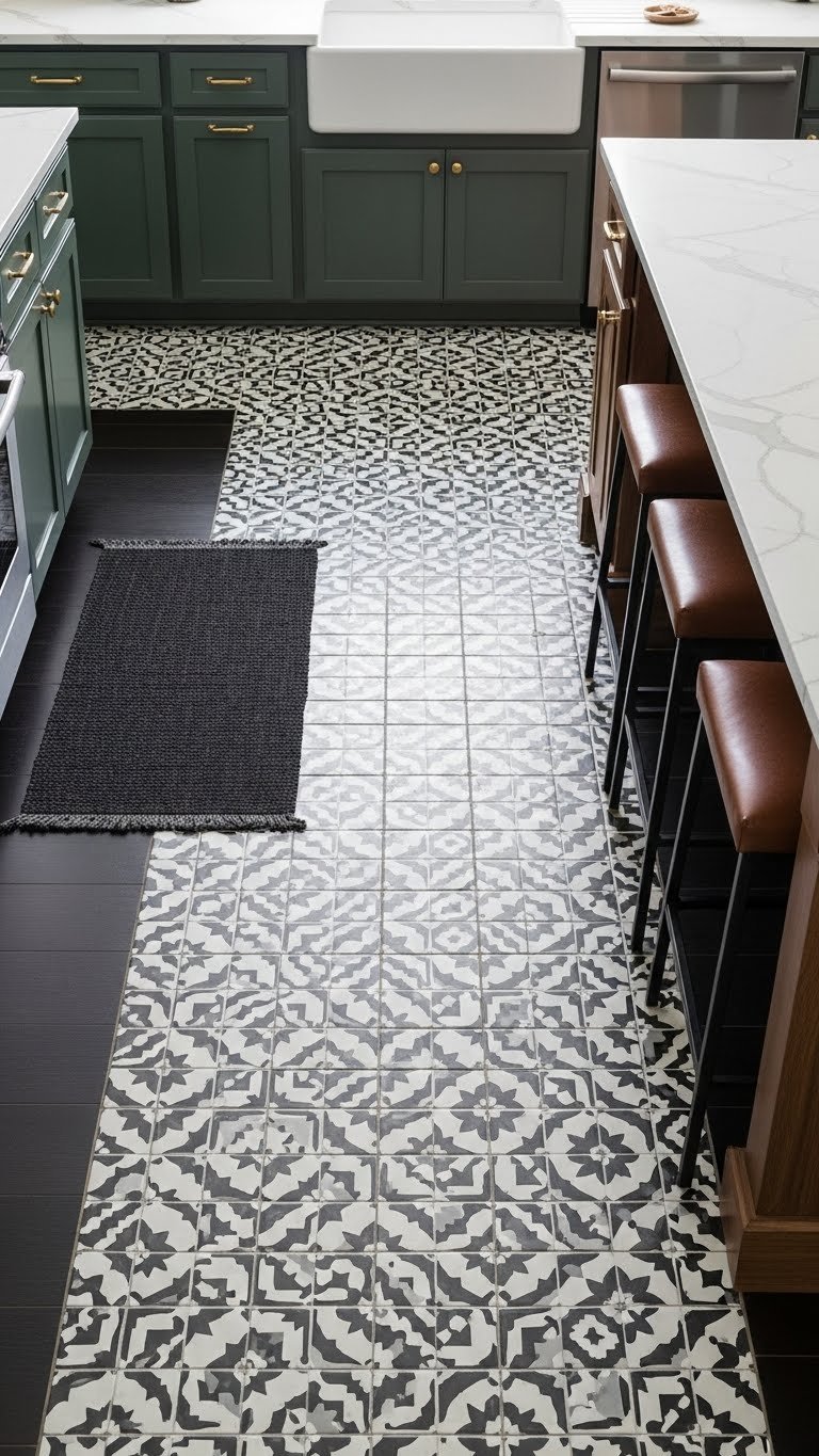 Intricate black and white patterned tile kitchen flooring contrasting beautifully with dark green cabinets and leather stools.