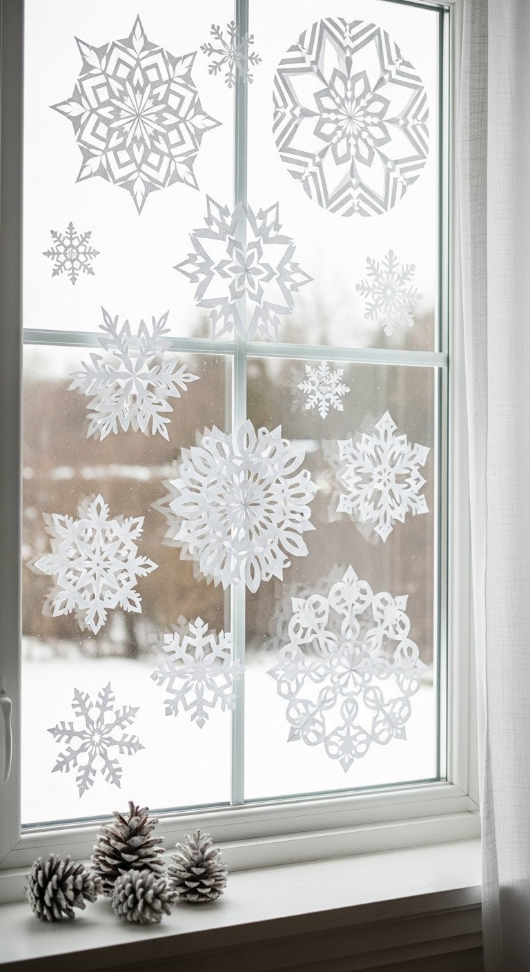 Intricate white paper snowflakes adorning a bright kitchen window, with pinecones on the sill, creating a festive winter scene.