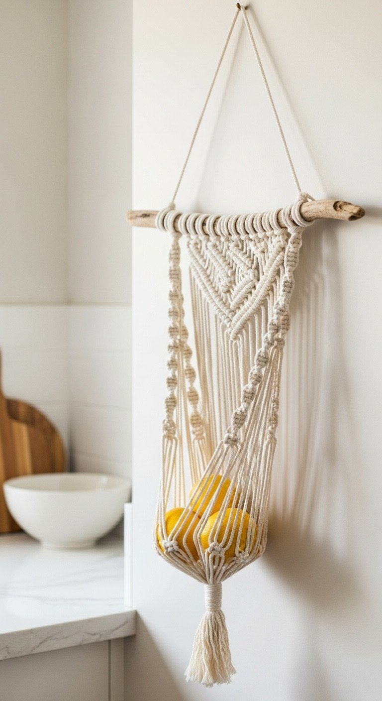 Beautiful Cottage Core Kitchen Decor Ideas For A Cozy Space 13 Intricately knotted macrame fruit hammock made of natural cotton cord and driftwood hangs on a beige wall in a boho kitchen.