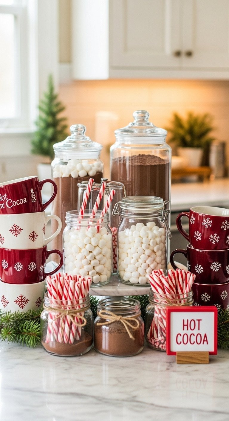 Inviting Christmas hot cocoa bar on marble kitchen counter with tiered display of cocoa mix, marshmallows, peppermint sticks, and festive mugs.