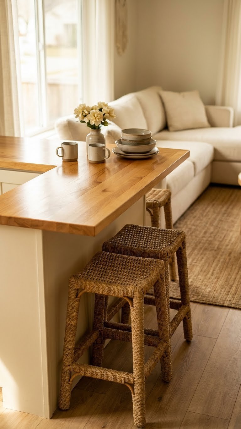 Inviting L-shaped kitchen peninsula bar counter, seating with woven stools, coffee, and flowers, connecting a warm living space.