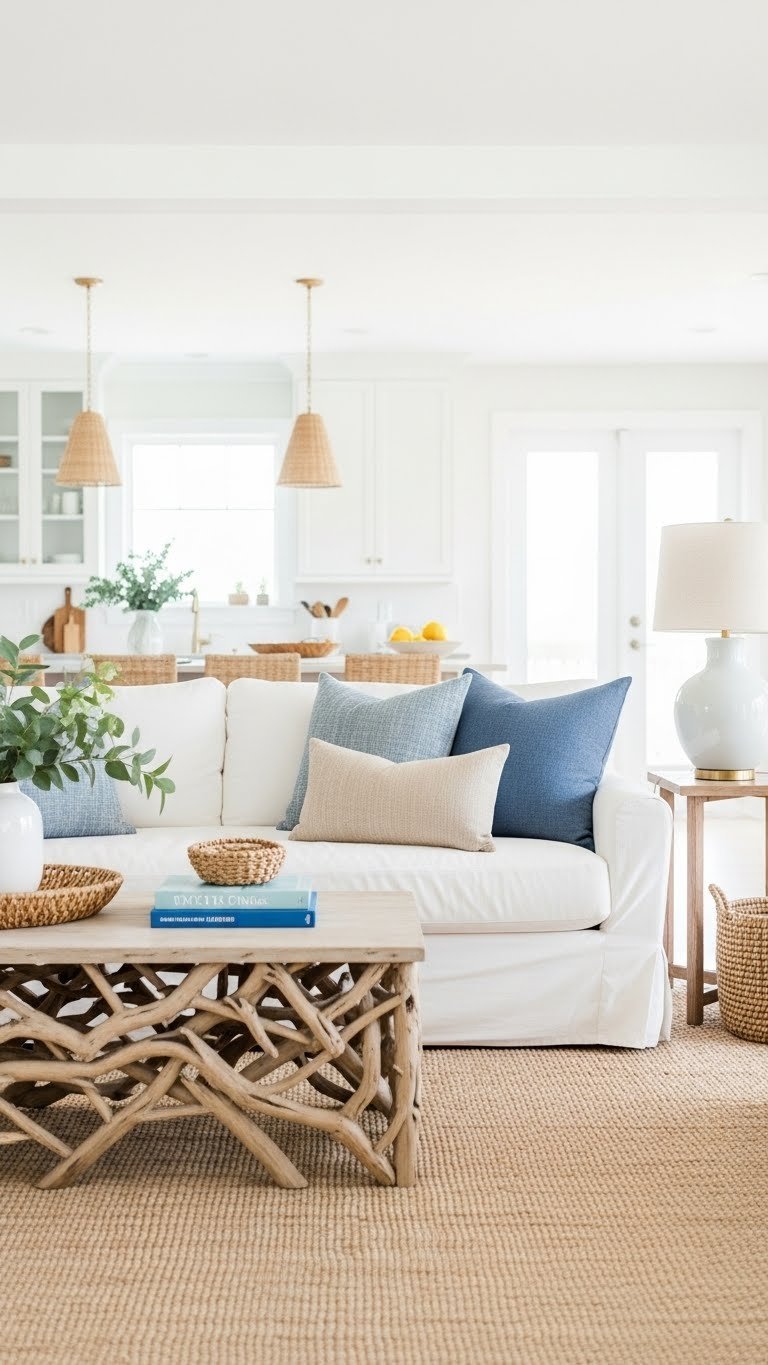 Inviting coastal living room: white linen sofa with blue pillows, driftwood coffee table, and woven rug on light wood floors.