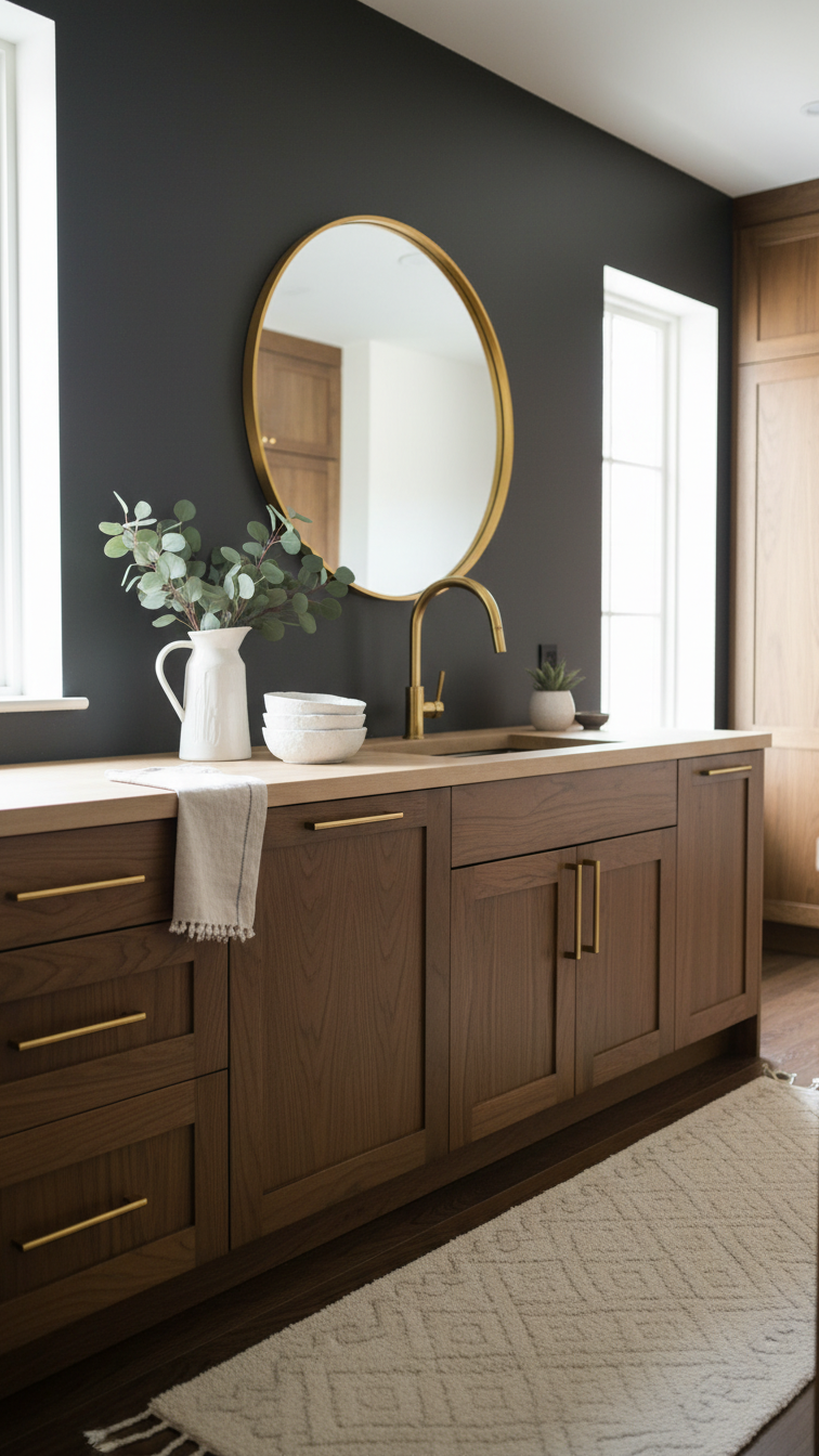 Inviting dark kitchen: natural wood cabinets, reflective mirror, polished fixtures, white ceramics, light rug, bright daylight.