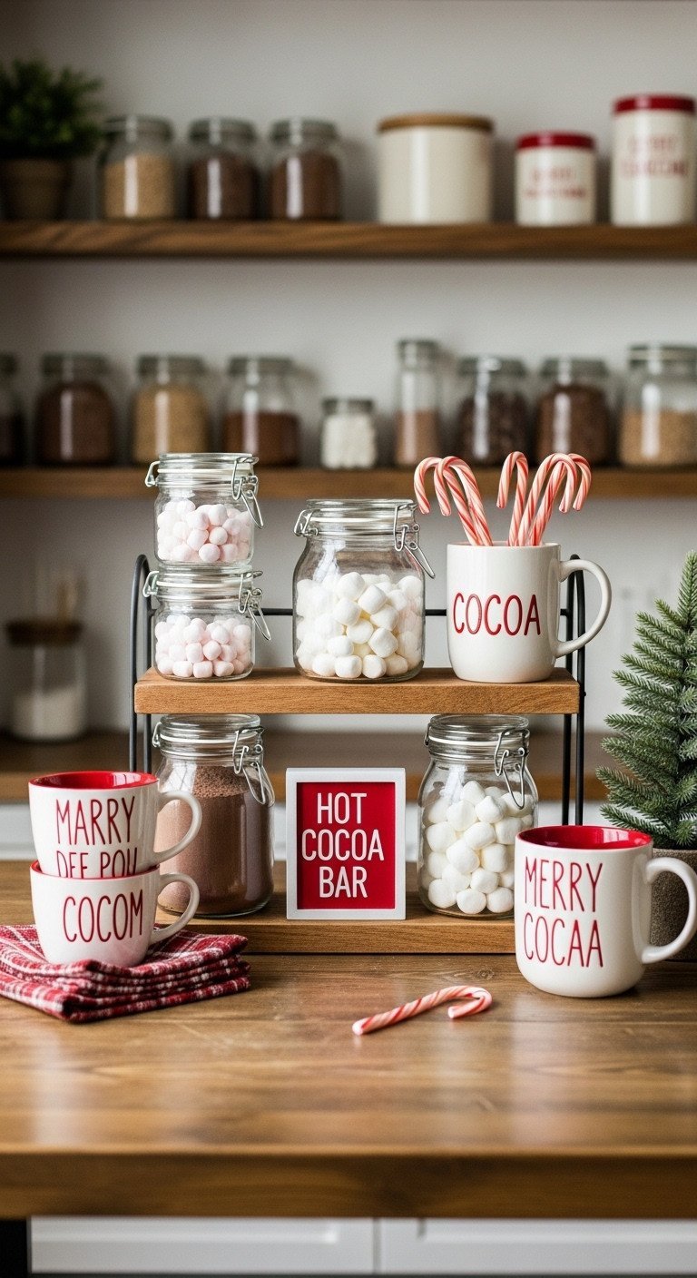 Inviting hot cocoa bar setup on open kitchen shelving, with glass jars of cocoa mix, marshmallows, candy canes, and mugs.