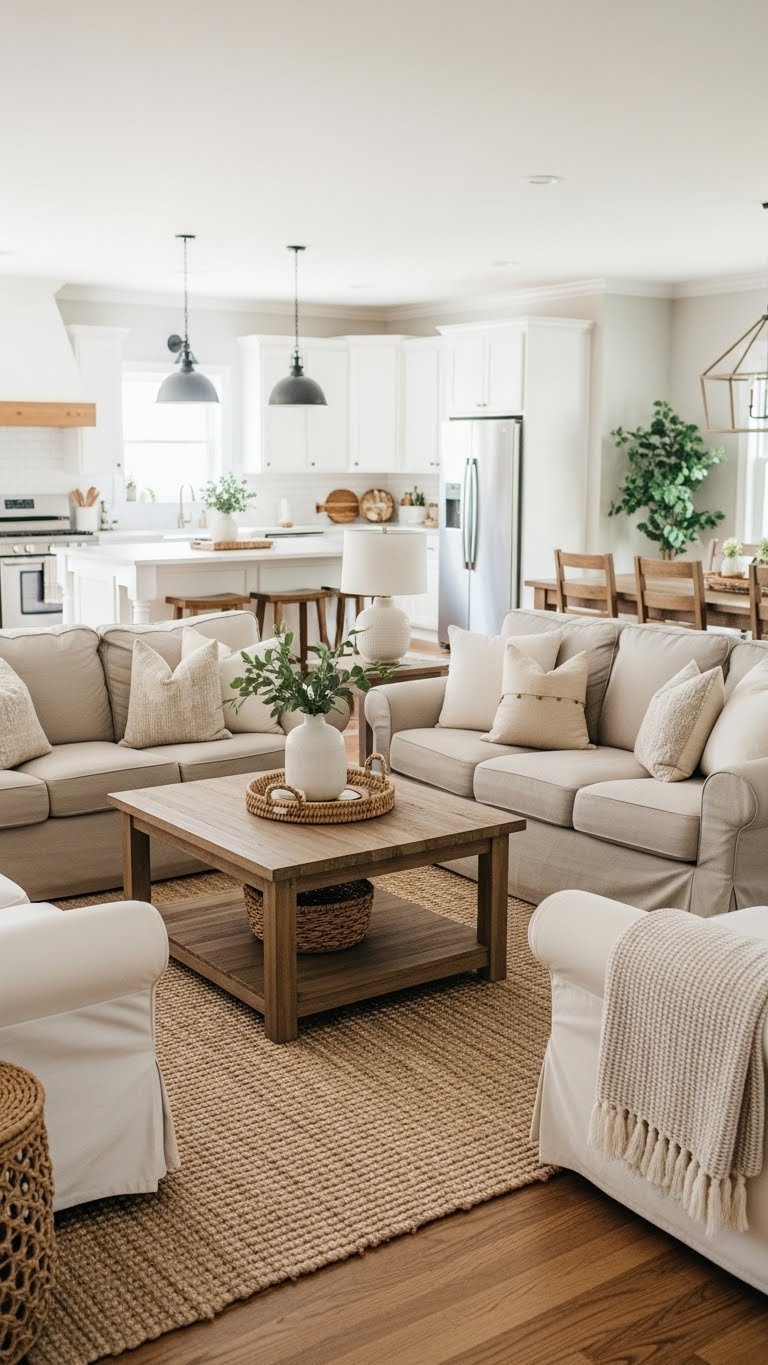 Inviting open concept farmhouse living room & kitchen. Neutral sectional, rustic coffee table, jute rug, white cabinets, butcher block.