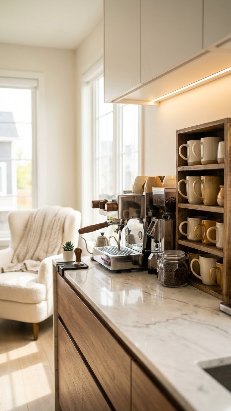 Inviting open kitchen bar counter repurposed as a dedicated coffee bar with an espresso machine and organized mugs.