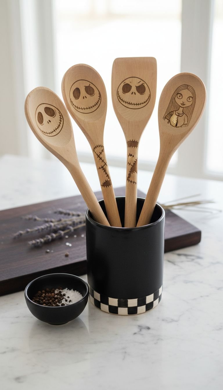 11 Essential Nightmare Before Christmas Kitchen Decor 1 Jack Skellington ceramic canisters, black & white matte finish, sculpted lids, airtight seals. Nightmare Before Christmas kitchen decor on marble.