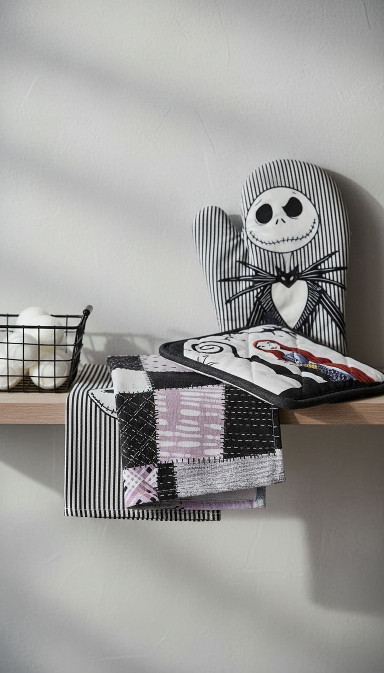 11 Essential Nightmare Before Christmas Kitchen Decor 2 Jack Skellington coffee mugs, travel tumbler, sleek coffee maker. Black & white glossy Nightmare Before Christmas kitchen decor on rustic wood.