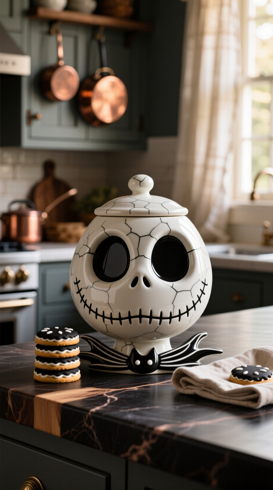 11 Essential Nightmare Before Christmas Kitchen Decor 6 Jack Skellington sculpted ceramic cookie jar with intricate details. Nightmare Before Christmas kitchen decor on butcher block.