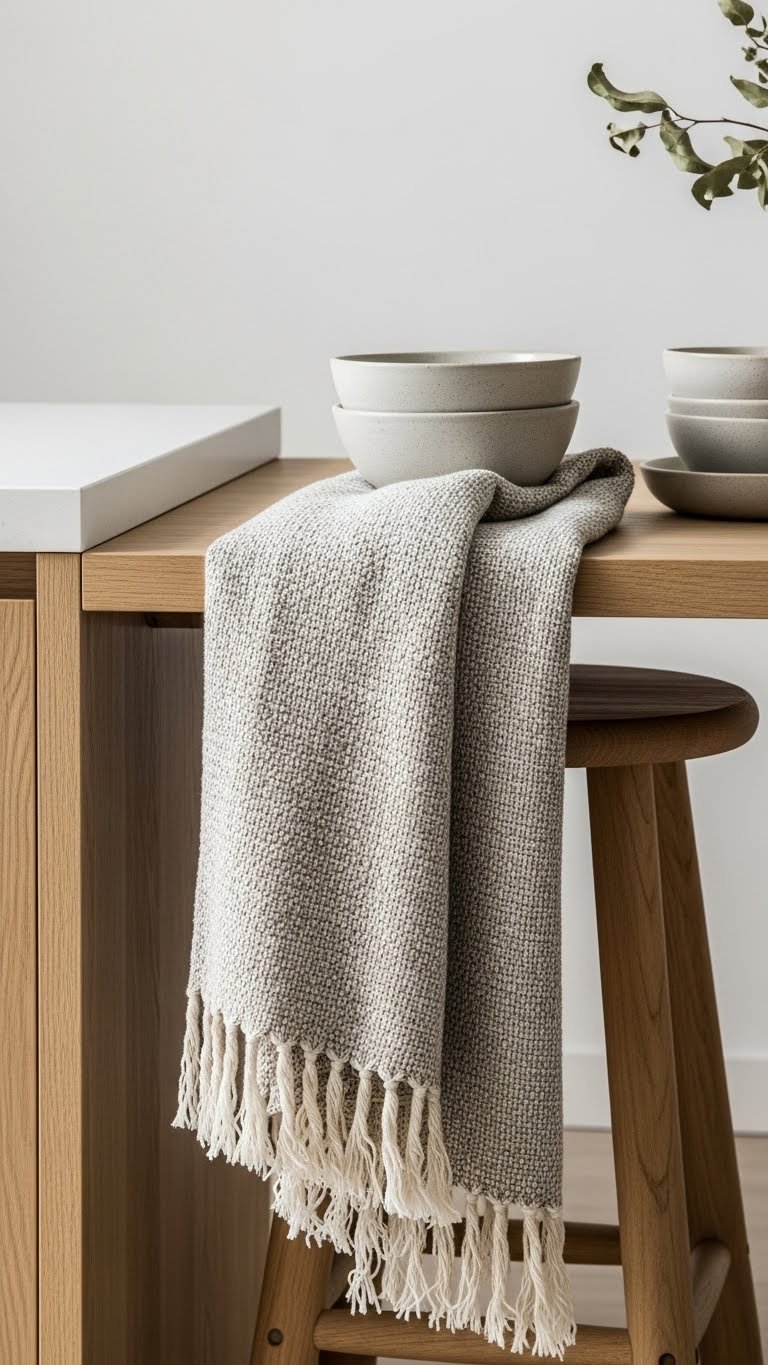 Japandi design: close-up of light oak countertop, woven linen throw on wooden stool, matte ceramic. Raw, natural material textures.