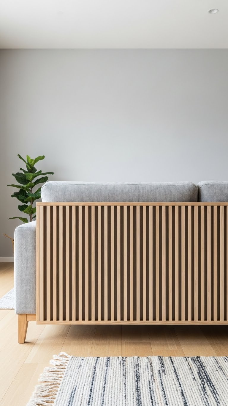 Japandi interior: integrated slatted light wood acoustic panel wall behind low-profile living room sofa. Minimalist and functional.