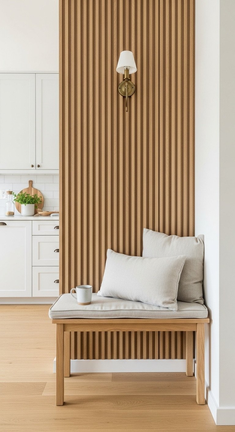 Japandi kitchen breakfast nook with a vertical light oak wood slat feature wall behind a wooden bench with a linen cushion.