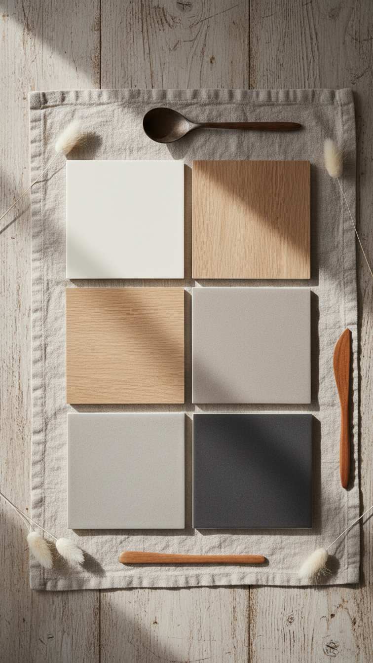 Japandi kitchen color palette flat lay with warm creams, soft beige, light gray, and charcoal accents. Elegant minimalist design for modern interiors.