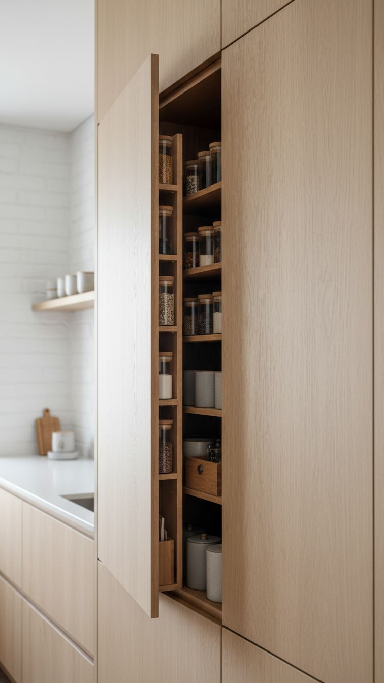 Japandi kitchen integrated storage: light wood cabinetry with a pulled-out, organized pantry. Minimalist, hidden design solution.