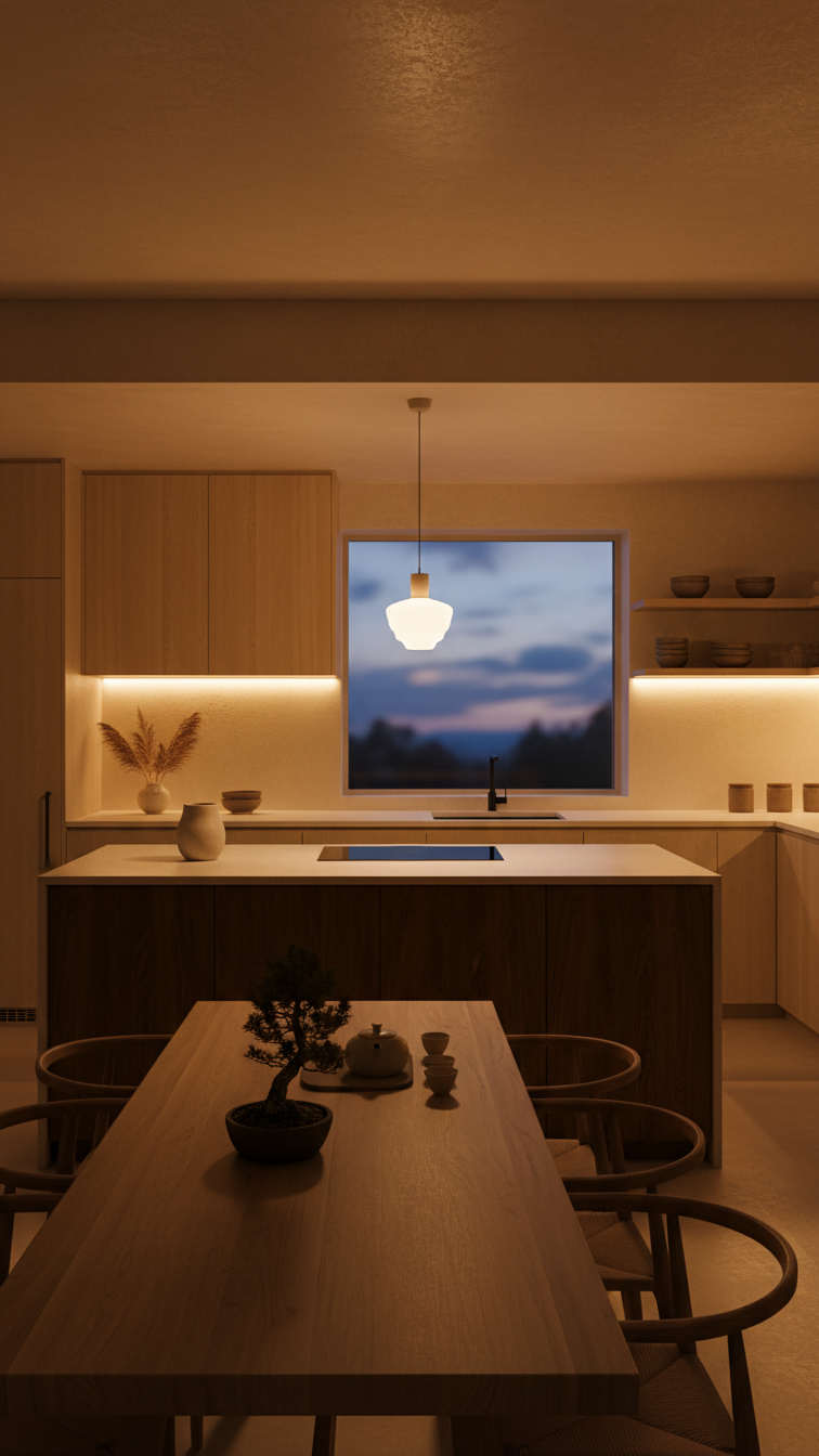 Japandi kitchen lighting at dusk: warm under-cabinet LEDs and a sculptural pendant lamp create a cozy glow on wood surfaces.