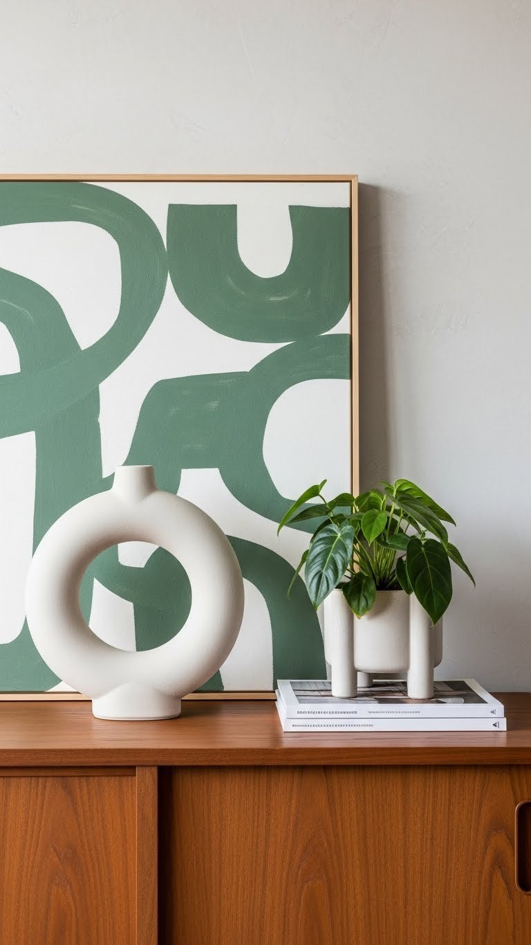 Japandi mindful decor: minimalist arrangement on wooden sideboard with abstract ceramic art, sculptural houseplant, and book.