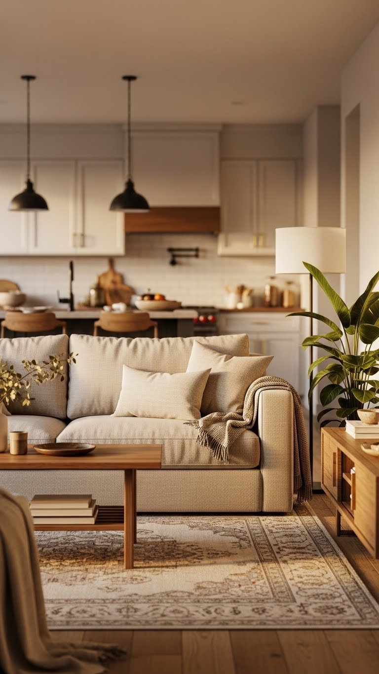 Japandi open concept living room: low beige sofa, dark wood coffee table, natural console, large rug. Warm, inviting interior.