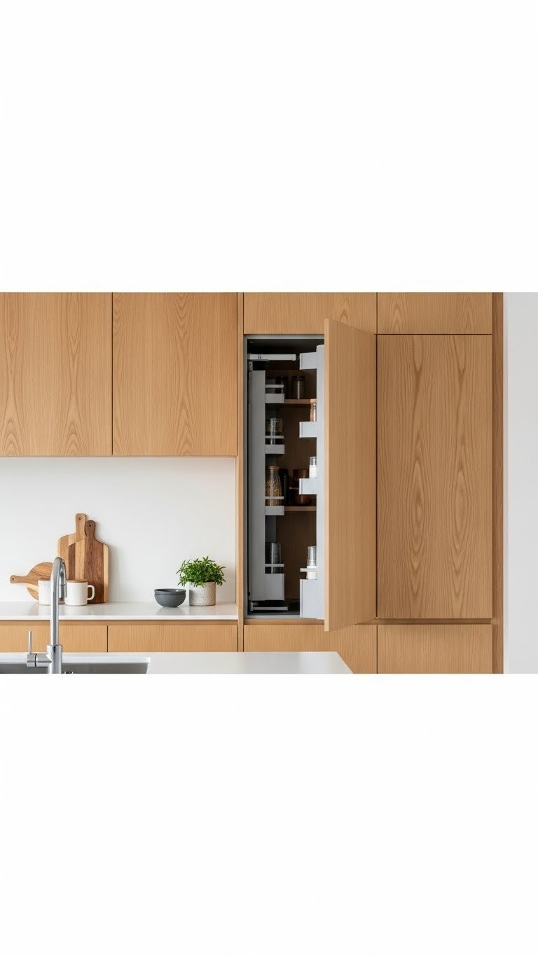 Japandi open kitchen with hidden storage: light wood handleless cabinetry, pull-out drawers, minimalist cookware, green plant.
