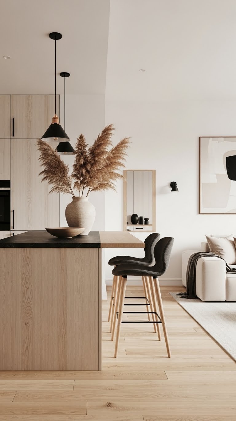 Japandi open-plan kitchen and living room. Light wood island, dark countertop, low-profile sofa, area rug, pampas grass vase. Warm, minimalist interior design.