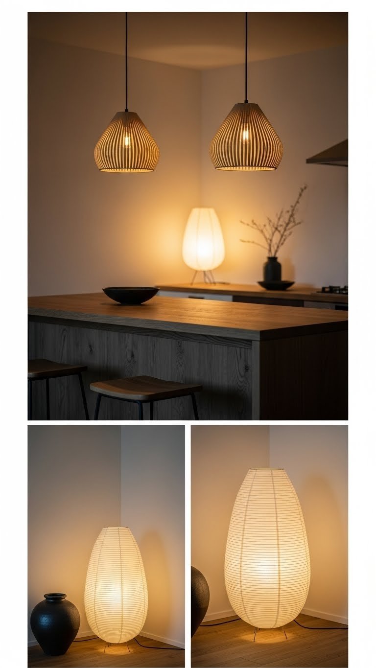 Japandi open space with layered lighting: black pendant lights over island, warm paper floor lamp in living room. Serene ambiance.