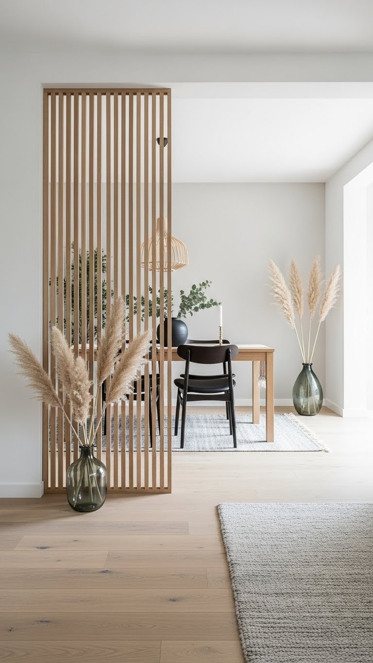 Japandi open space zoning: slatted wooden screen room divider, simple dining table, plush wool rug in living area. Serene interior.