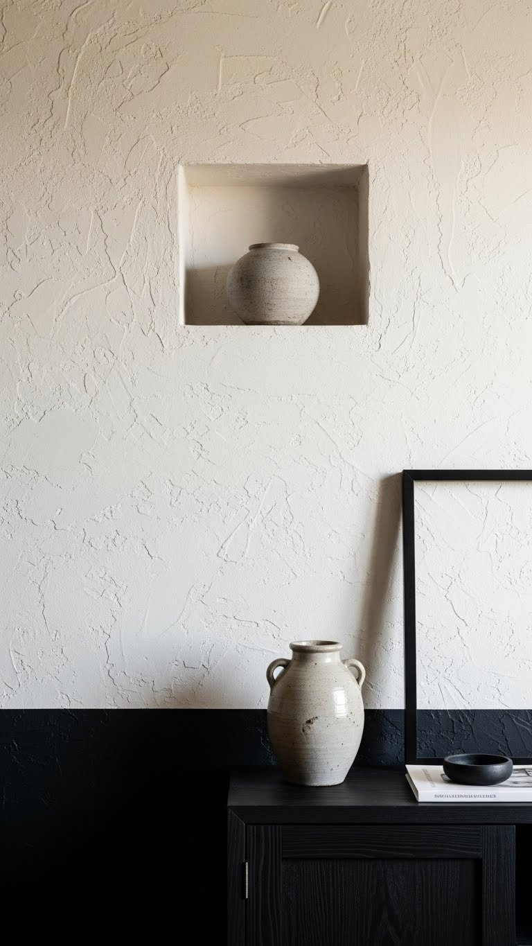 Japandi wall finishes: textured limewash wall in warm neutrals, charcoal accent, stoneware pottery, black frame. Cozy, minimalist interior.