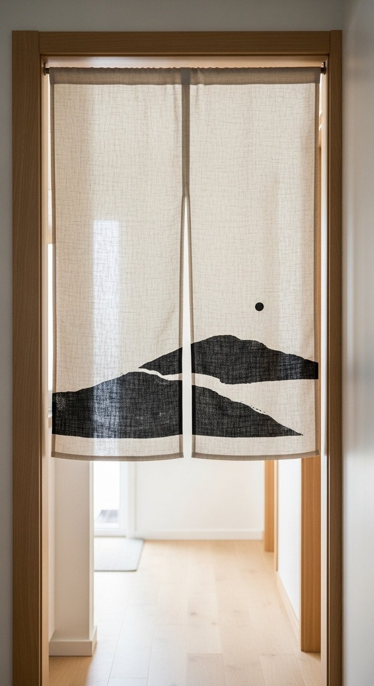 Japanese noren curtain made of natural linen with an ink-wash design hanging in a Japandi kitchen doorway with wood trim.