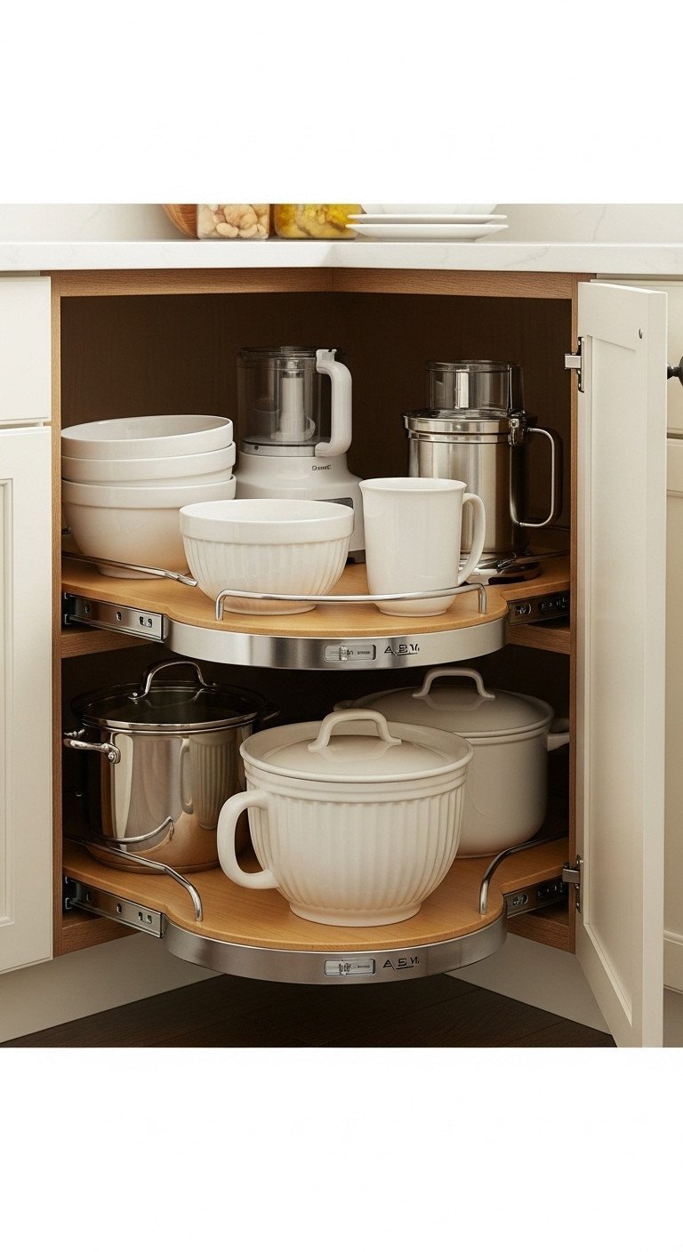 9 Non Modular Kitchen Organization And Decor Secrets 7 Kidney-shaped lazy Susan in deep corner kitchen cabinet, organizing mixing bowls and small appliances, dark wood, maximizing storage.