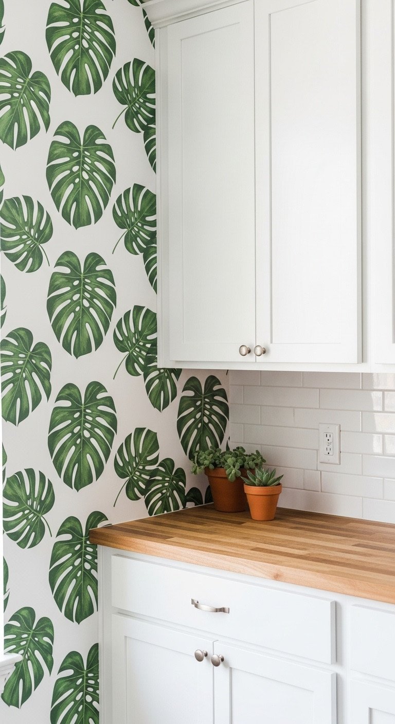 Kitchen accent wall with removable peel-and-stick wallpaper in a green monstera leaf print next to a butcher block counter.