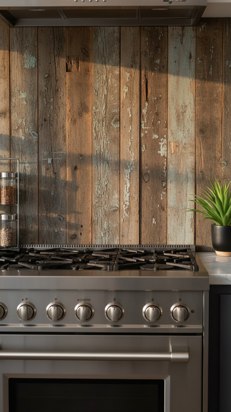 Kitchen backsplash of weathered reclaimed wood planks behind a sleek stainless steel range, with raw wood texture. Modern rustic.