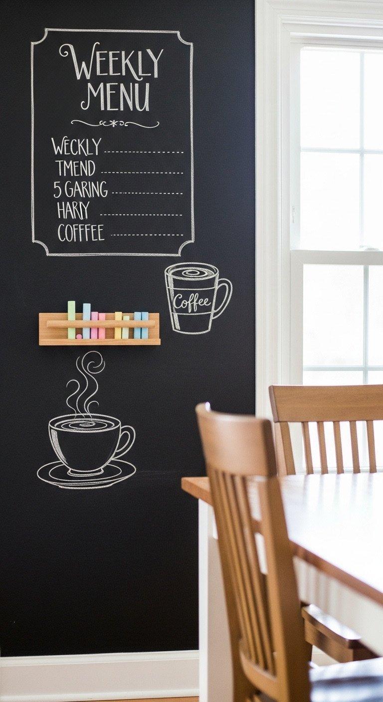 11 Smart Empty Kitchen Wall Ideas For Style And Storage 13 Kitchen chalkboard wall with a hand-drawn weekly menu in calligraphy and a small wooden shelf holding sticks of chalk.
