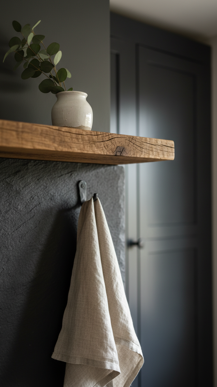 Kitchen corner with reclaimed wood shelf, textured black stone backsplash, and linen dishtowel, highlighting tactile natural materials.