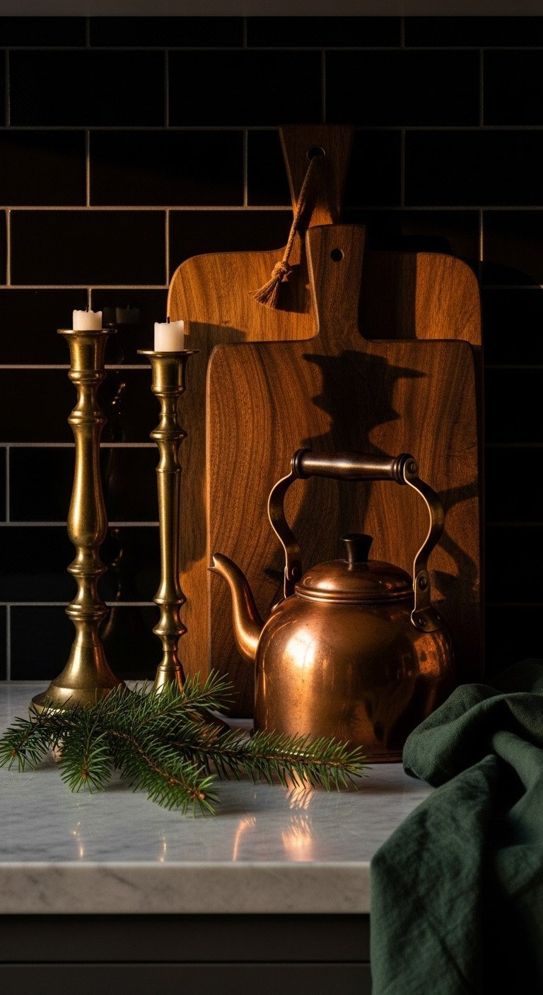 Kitchen counter styling: aged brass candle holders, vintage copper kettle, dark wood cutting board, pine sprigs on marble.