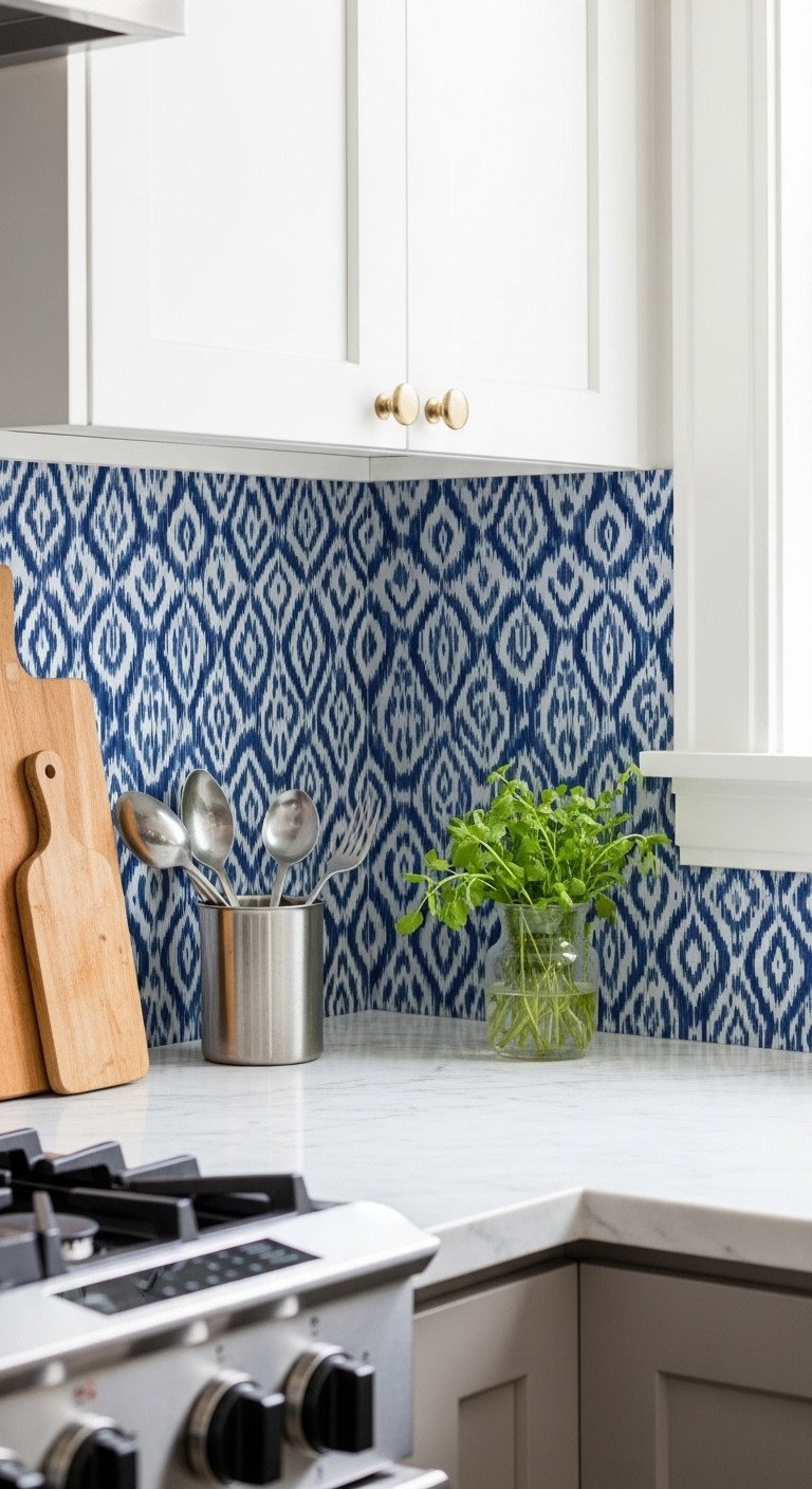 Kitchen counter with vibrant blue Ikat peel-and-stick vinyl backsplash and simple stainless steel utensils, enhancing modern decor.