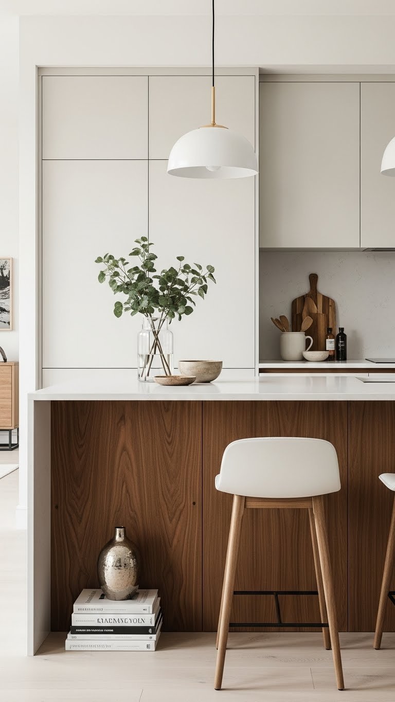 Kitchen island material transition blending walnut wood base and quartz countertop with living room decor. Elegant, cohesive open concept.