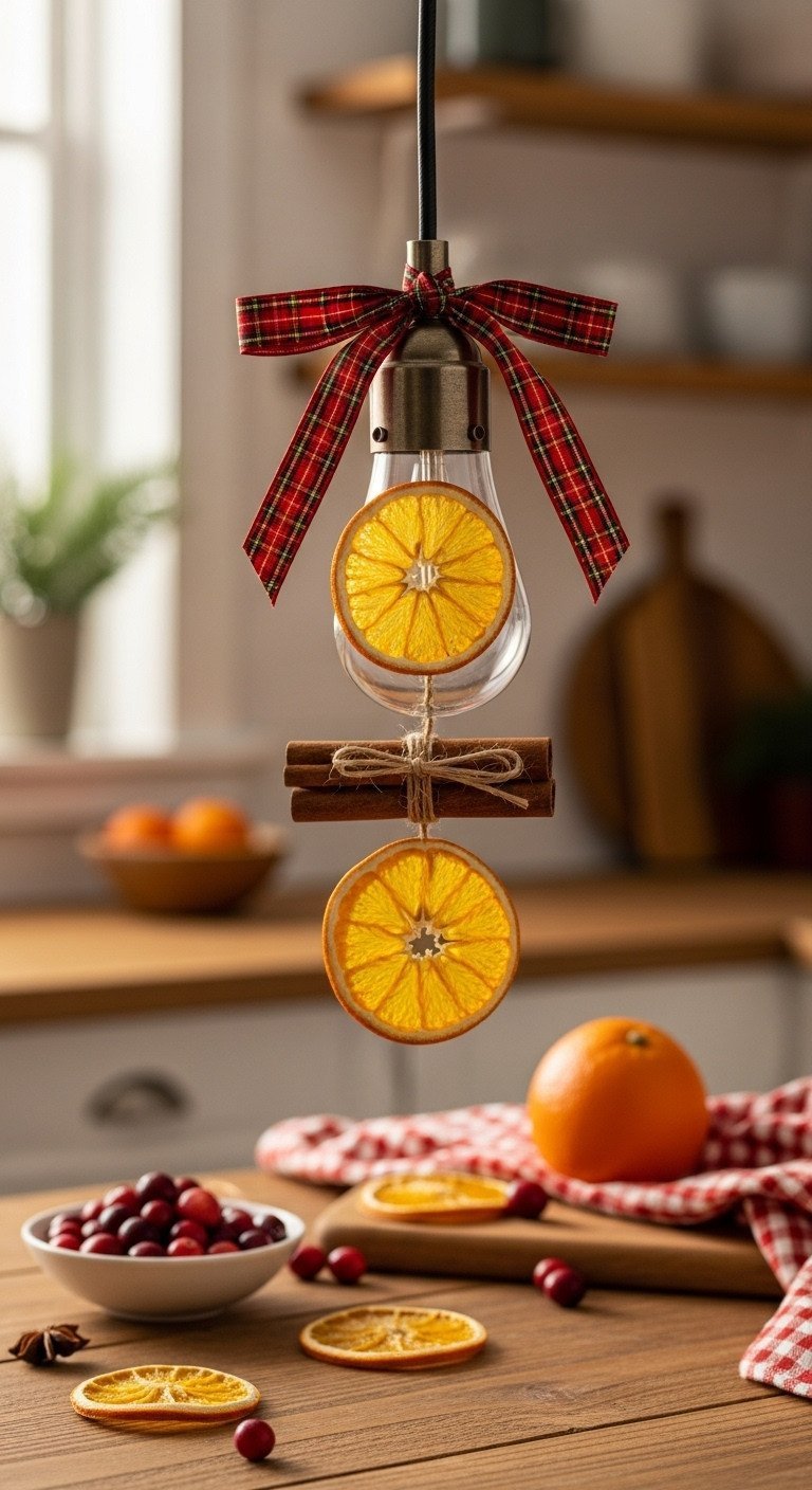 Kitchen island pendant light with natural Christmas decor: dried orange slices, cinnamon sticks, and red plaid ribbon.