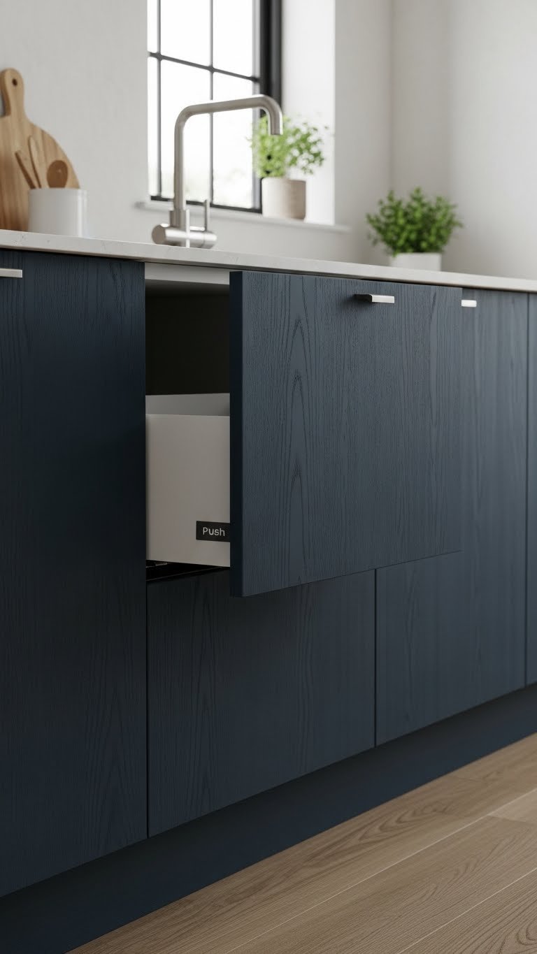 9 Island Design Ideas For Open Kitchen Living Room 5 Kitchen island with flush, handle-less navy blue hidden storage cabinetry for a clean aesthetic in a modern minimalist living space.