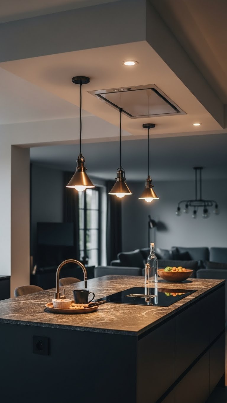 Kitchen island with layered lighting (pendant, recessed) & discreet ventilation. Dark granite countertop, bronze accents, warm white.