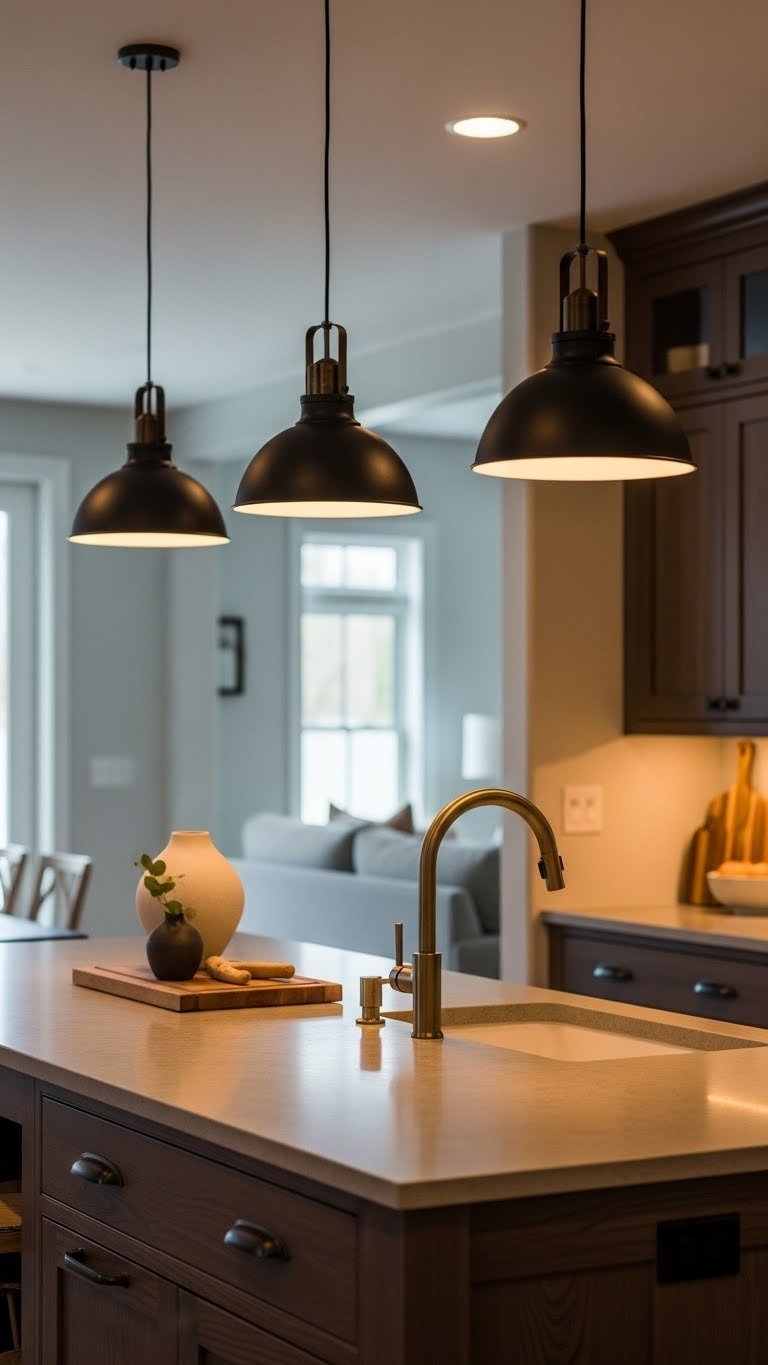 9 Island Design Ideas For Open Kitchen Living Room 17 Kitchen island with layered lighting: stylish pendant lights, under-counter LEDs, stone countertop, enhancing modern kitchen ambiance.