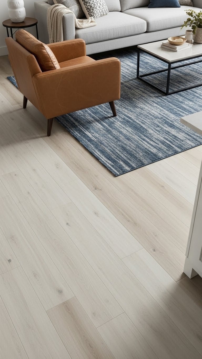 Kitchen laminate transitions to plush living room rug under sofa, defining zones in an open studio space.
