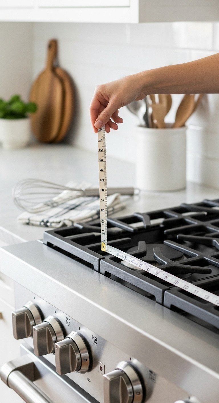 Kitchen safety: measuring 18 inches between garland & stove burner. Stainless steel stovetop, marble counter, silver whisk.