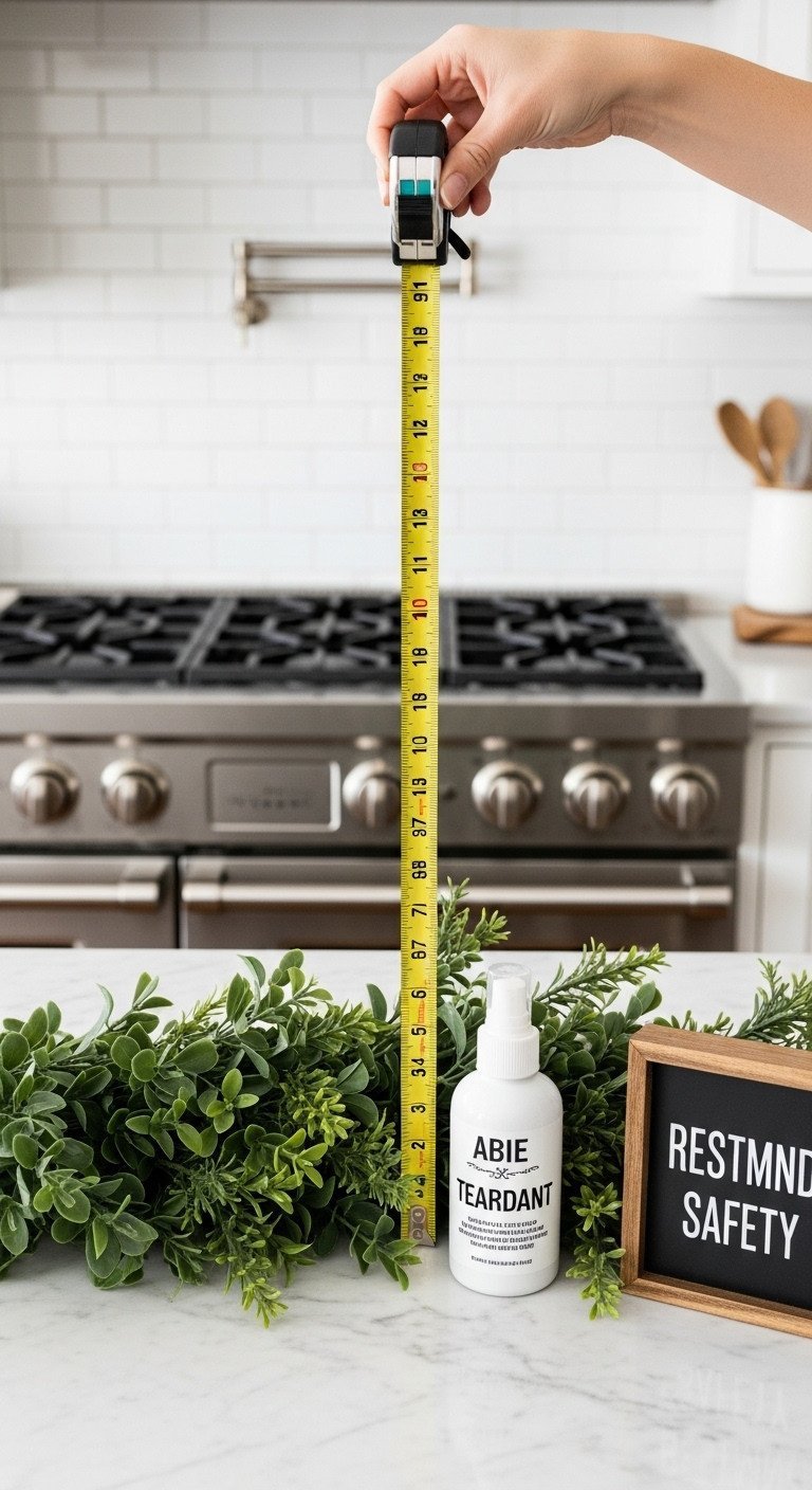 Kitchen safety: measuring tape shows 3-foot clearance for dark green garland from stovetop burners on marble counter.