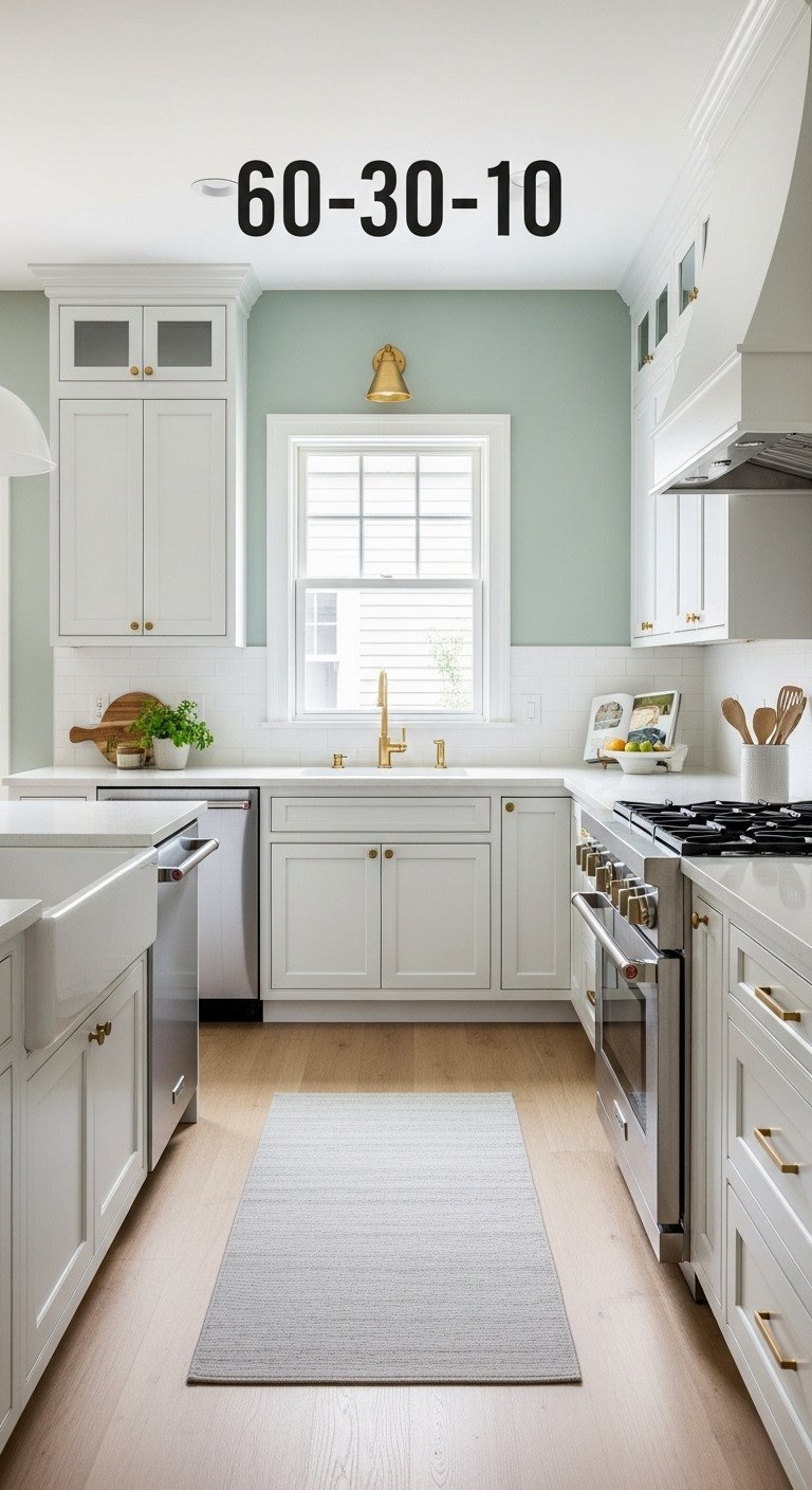 Kitchen showcasing 60-30-10 design ratio: sage green walls, white cabinets, brass hardware. Visual harmony with a brass pendant light.